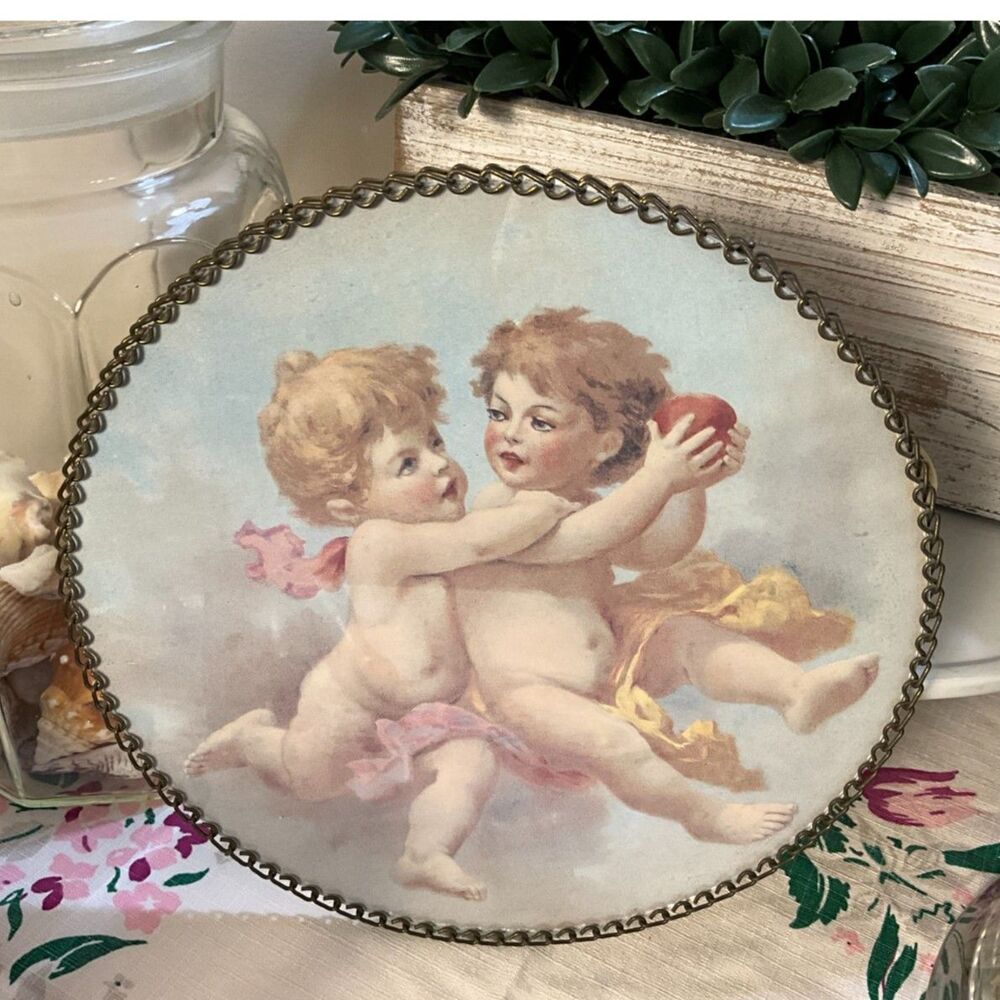 Vintage Cherub Putti Glass Wall Hanging – Brass Chain Flue Cover Style Cottage